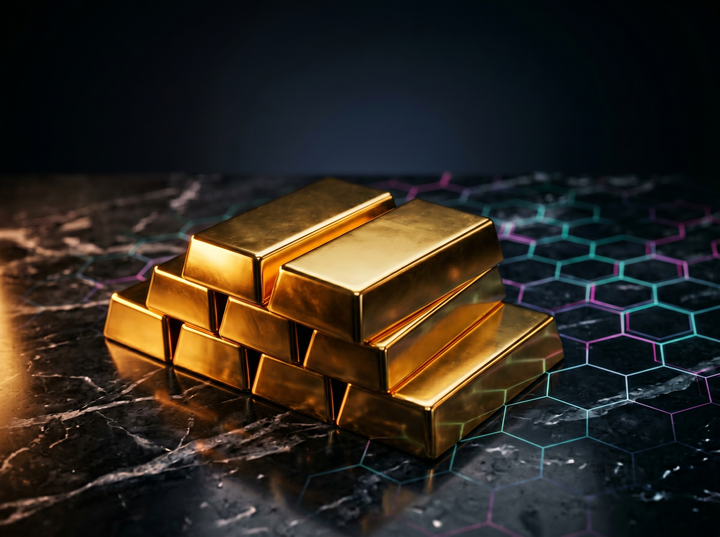 Gold bars on dark marble with a subtle blockchain hex grid representing Aurum's gold tokenization partnership