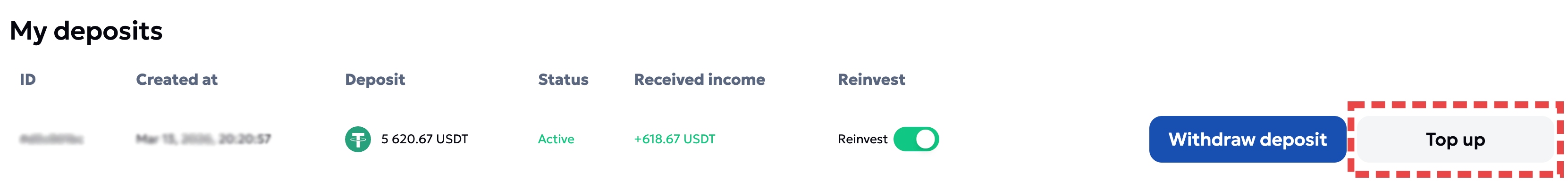 My deposits section showing the Top Up button highlighted
