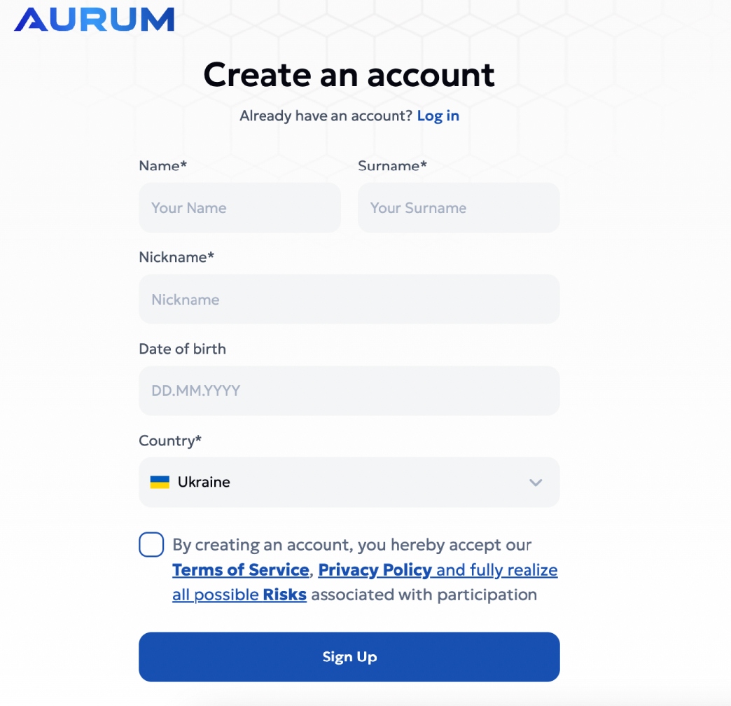 Aurum Create an Account form with Name, Surname, Nickname, Date of birth, Country, Terms checkbox and Sign Up button