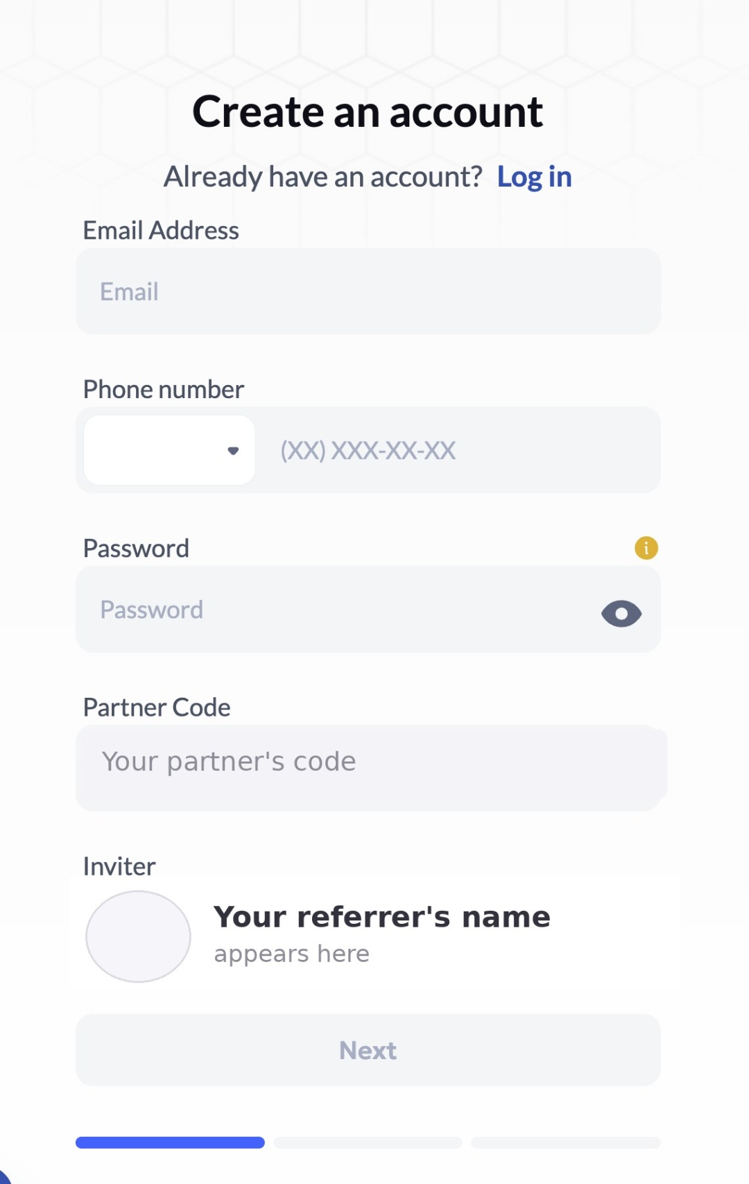Create Account form showing Email, Phone, Password, auto-filled Partner Code, and Inviter panel