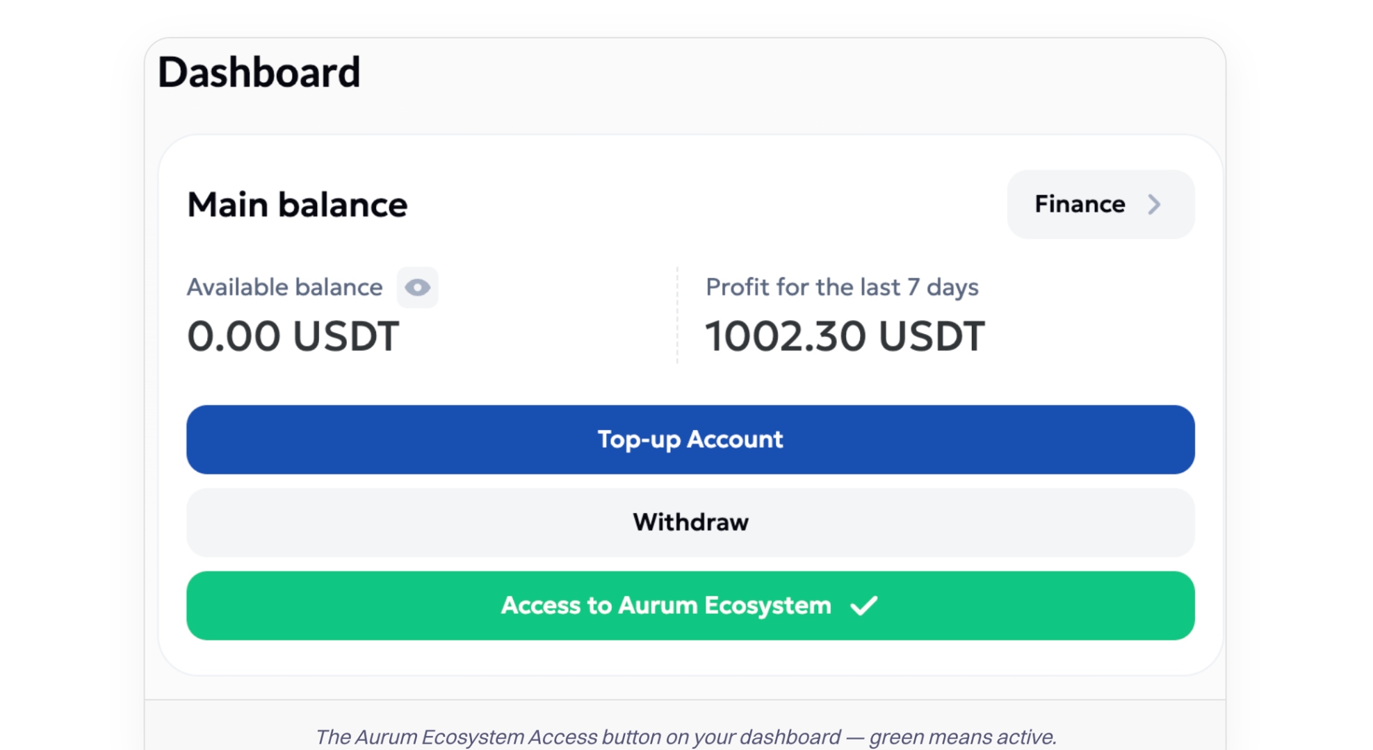 Aurum dashboard showing Main balance, Top-up Account, Withdraw, and a green Access to Aurum Ecosystem button