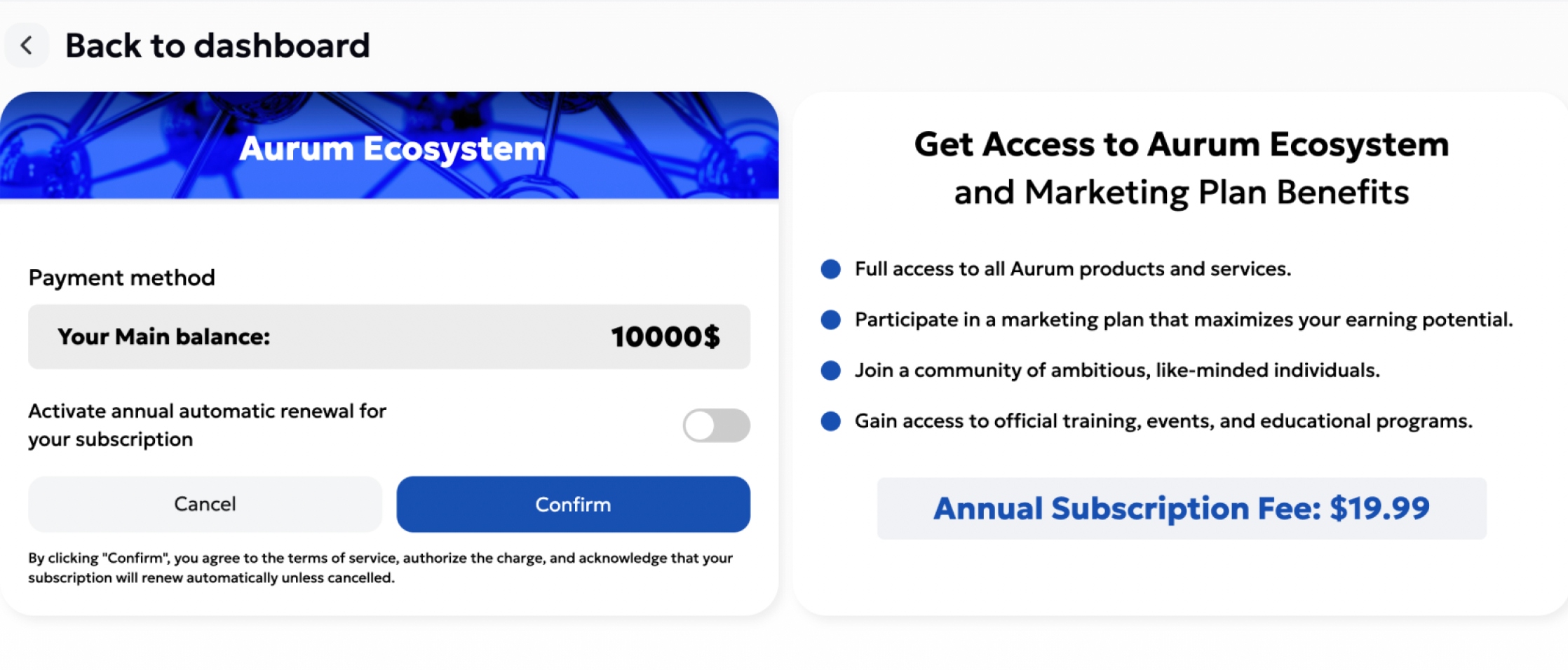 Aurum Ecosystem subscription page with $19.99 annual fee, payment method, auto-renewal toggle, and Confirm button