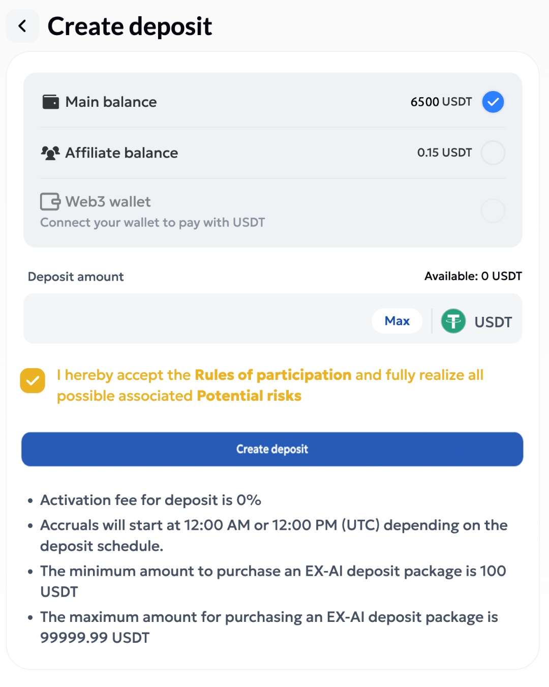 Aurum Create Deposit form — Main balance selected, Deposit amount field, Rules of participation checkbox, and Create deposit button