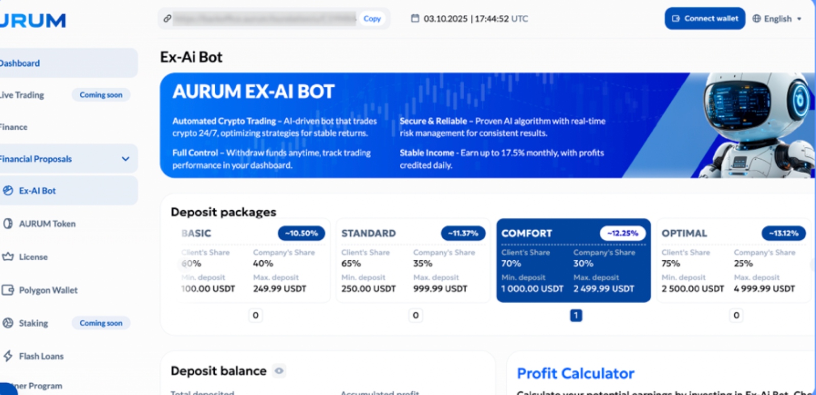 Aurum EX-AI Bot dashboard view with deposit packages: Basic, Standard, Comfort, Optimal
