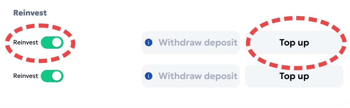 Close-up of the Reinvest toggle and Top up button on the My deposits row