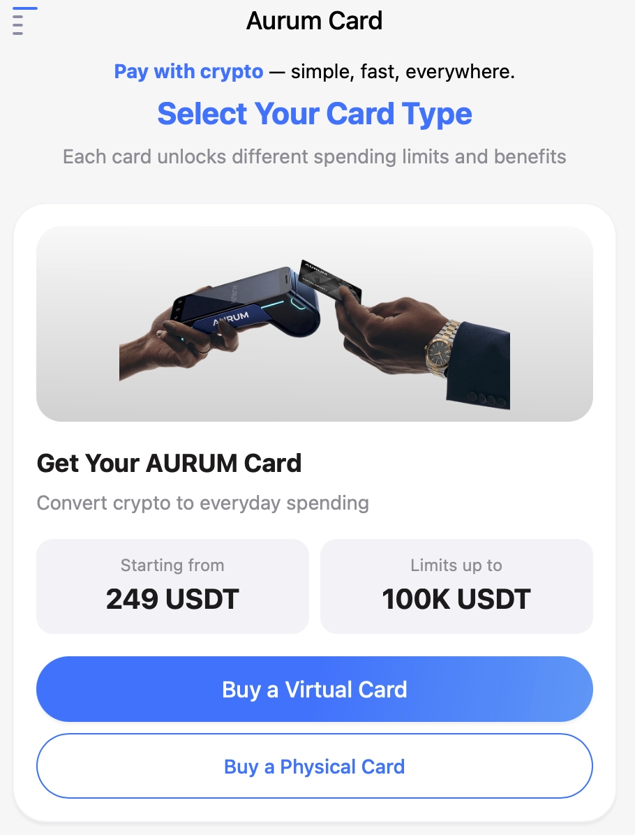 Aurum Card ordering screen in Telegram