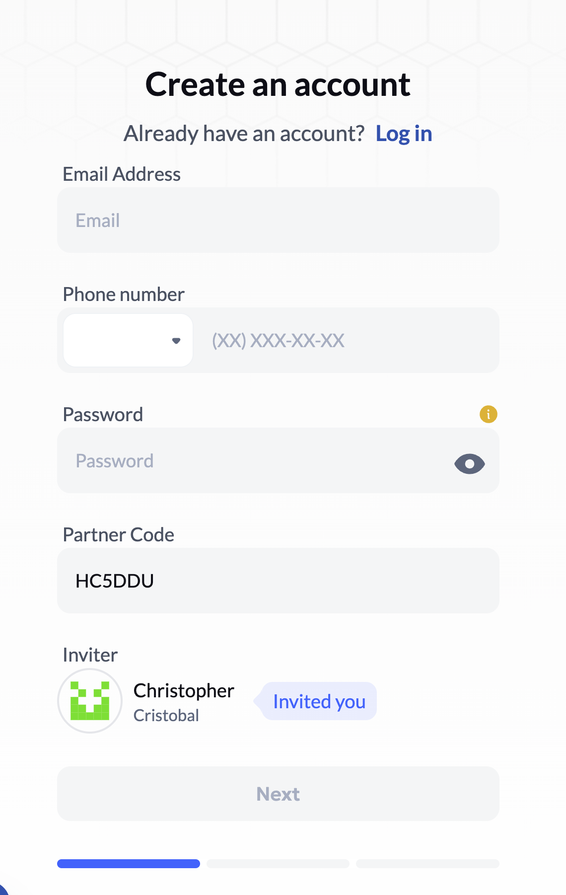 Aurum sign-up form showing partner code HC5DDU